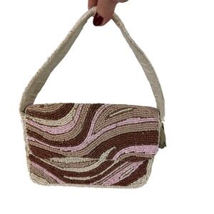 Studio 12 Beaded Handbag Evening Bag Handmade in India Brown Pink Beige NWT